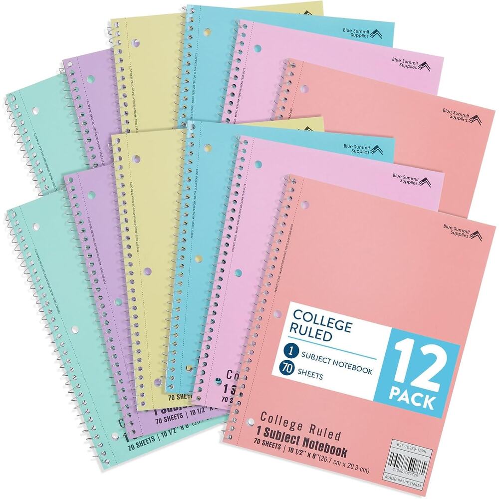 Blue Summit Pastel Spiral Notebook College Ruled 1 Subject 70 Sheets 12 Pack